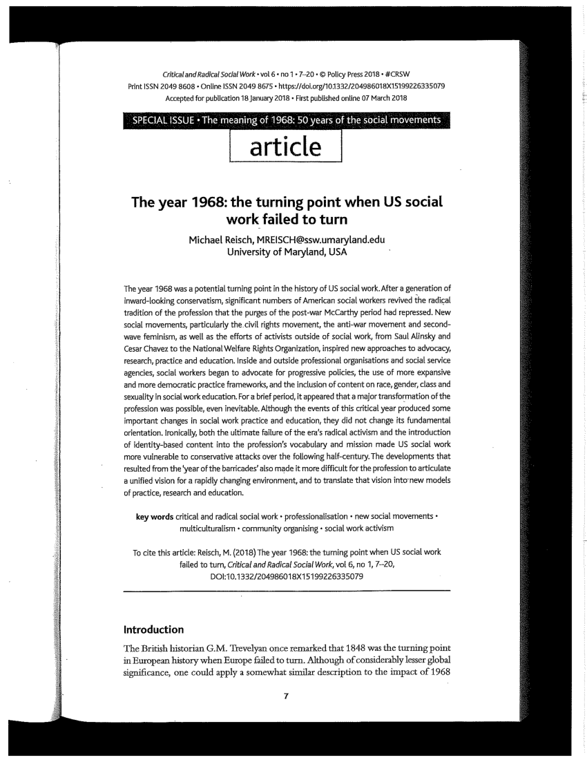 Pdf The Year 1968 The Turning Point When Us Social Work Failed To Turn