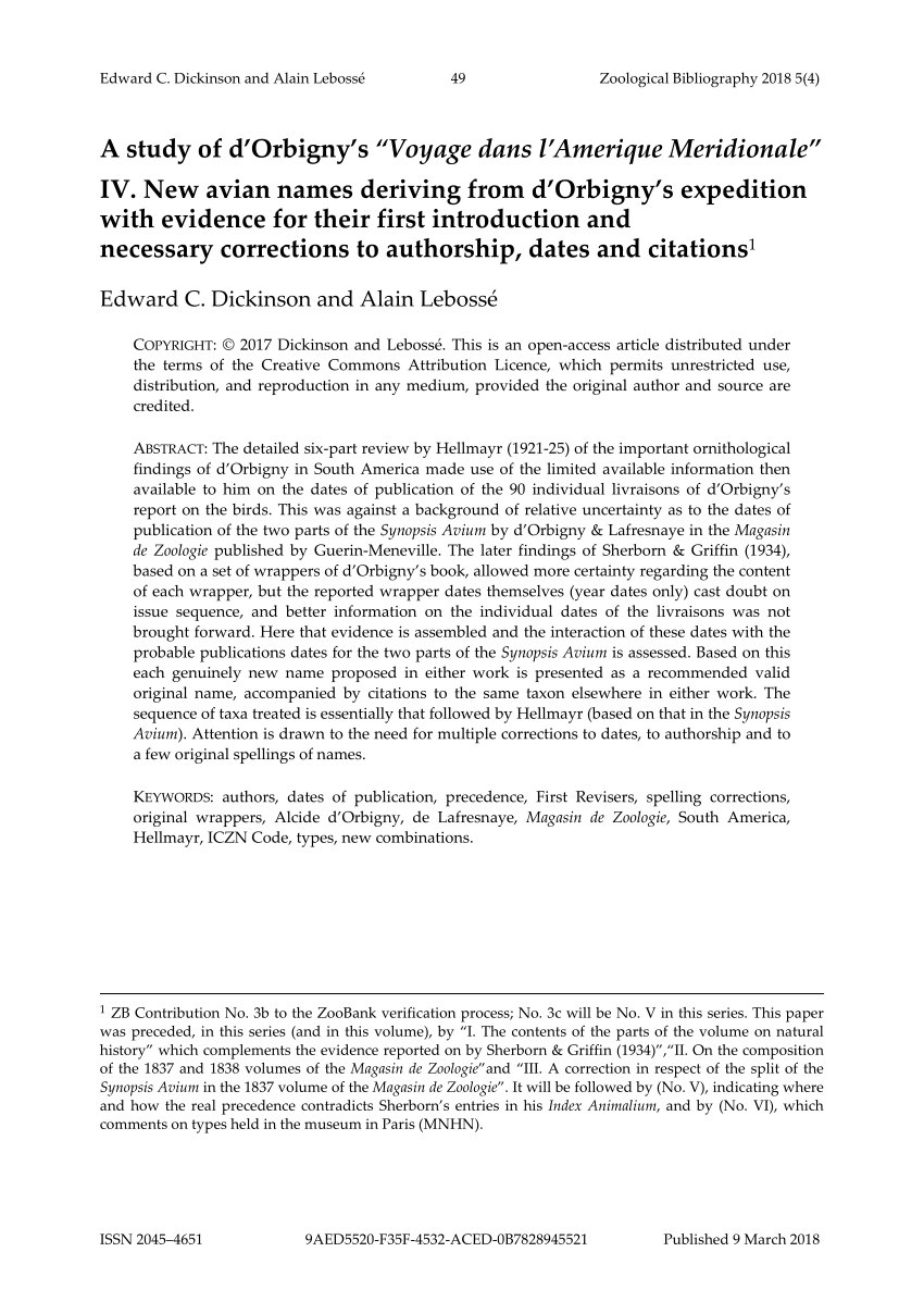 Pdf A Study Of D Orbigny S Voyage Dans L Amerique Meridionale Iv New Avian Names From D Orbigny S Expedition With Evidence For Their First Introduction And Necessary Corrections To Authorship Dates And Citations