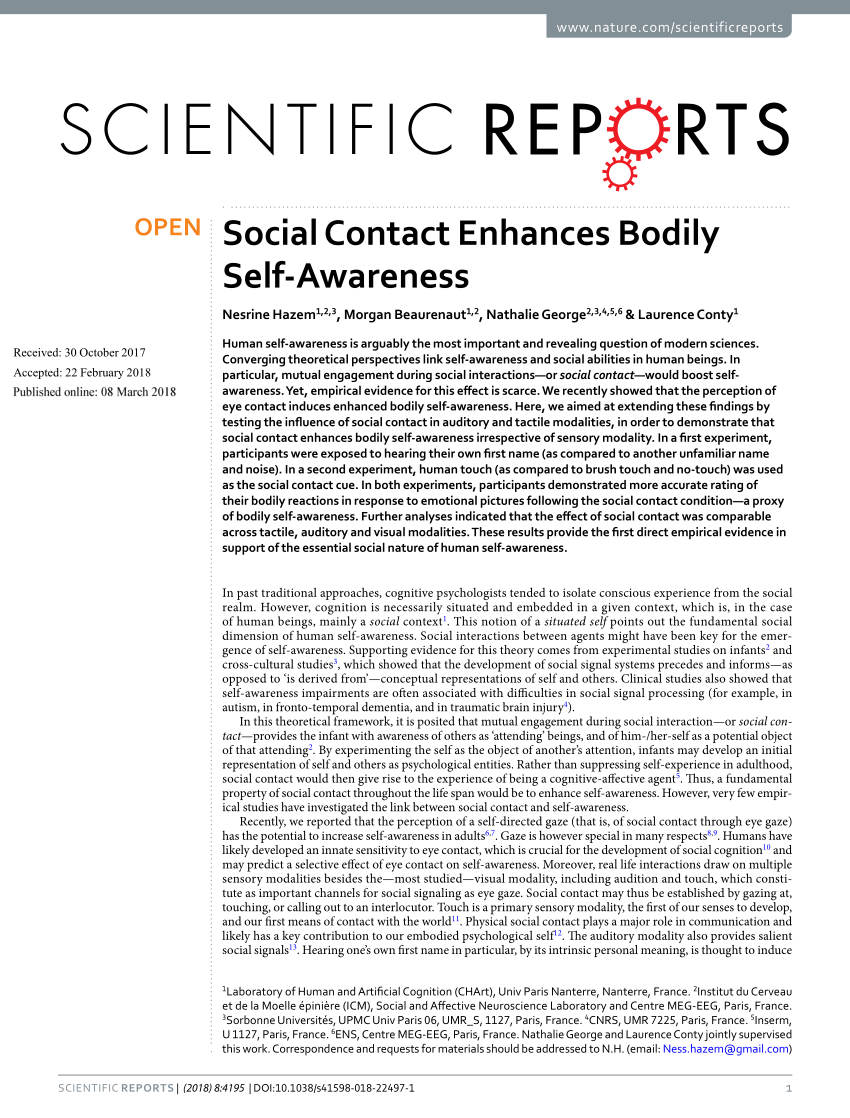 Pdf Social Contact Enhances Bodily Self Awareness