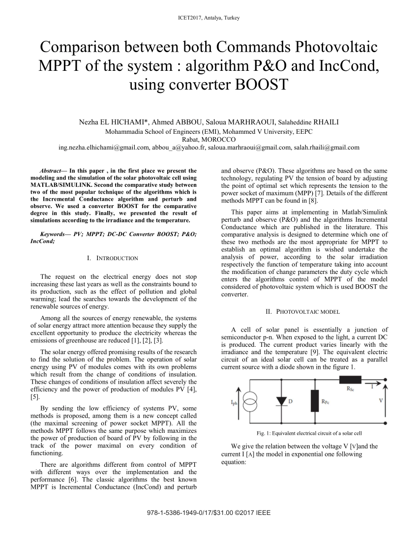 Pdf Comparison Between Both Commands Photovoltaic Mppt Of The System Algorithm P O And Inccond Using Converter Boost