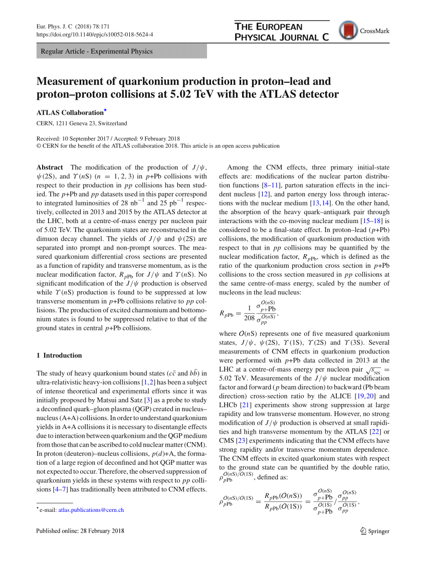 Pdf Measurement Of Quarkonium Production In Proton Lead And Proton Proton Collisions At 5 02 Mathrm Tev With The Atlas Detector