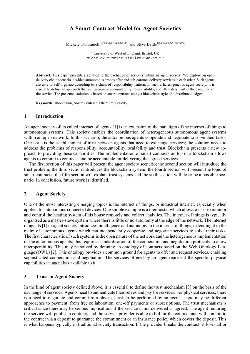 PDF A Smart Contract Model for Agent Societies