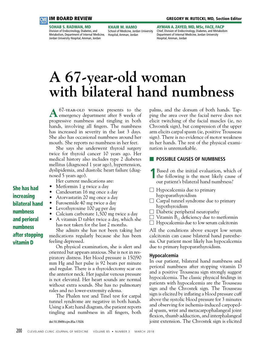 Pdf A 67 Year Old Woman With Bilateral Hand Numbness