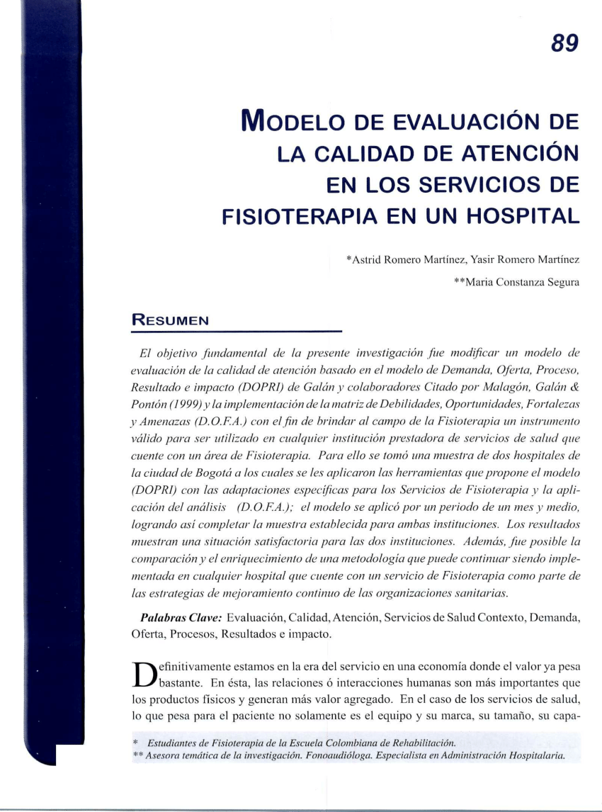 PDF) Modelo de evaluación de la calidad de atención en los servicios de  fisioterapia en un hospital