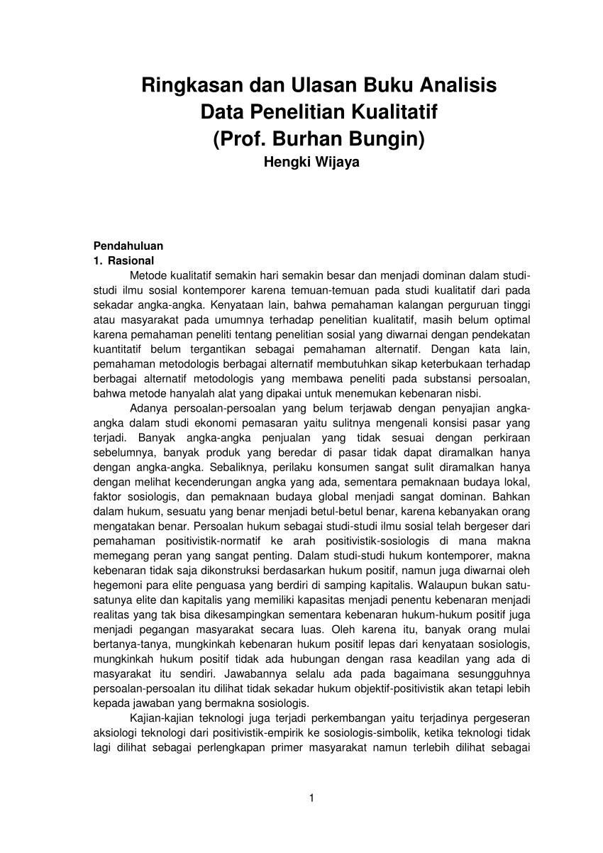 Pdf Ringkasan Dan Ulasan Buku Analisis Data Penelitian Kualitatif Prof Burhan Bungin