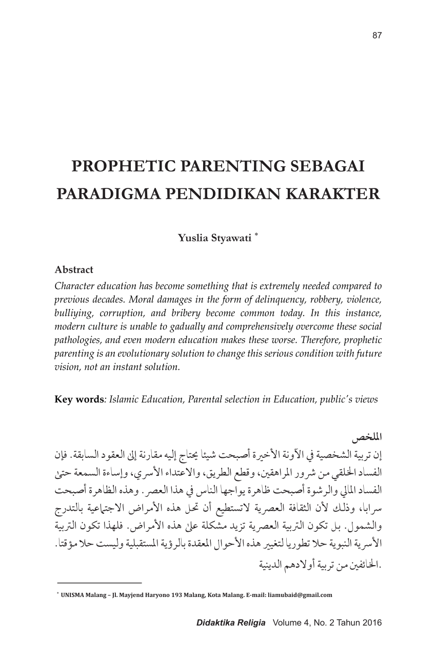 PDF Prophetic Parenting Sebagai Paradigma Pendidikan Karakter