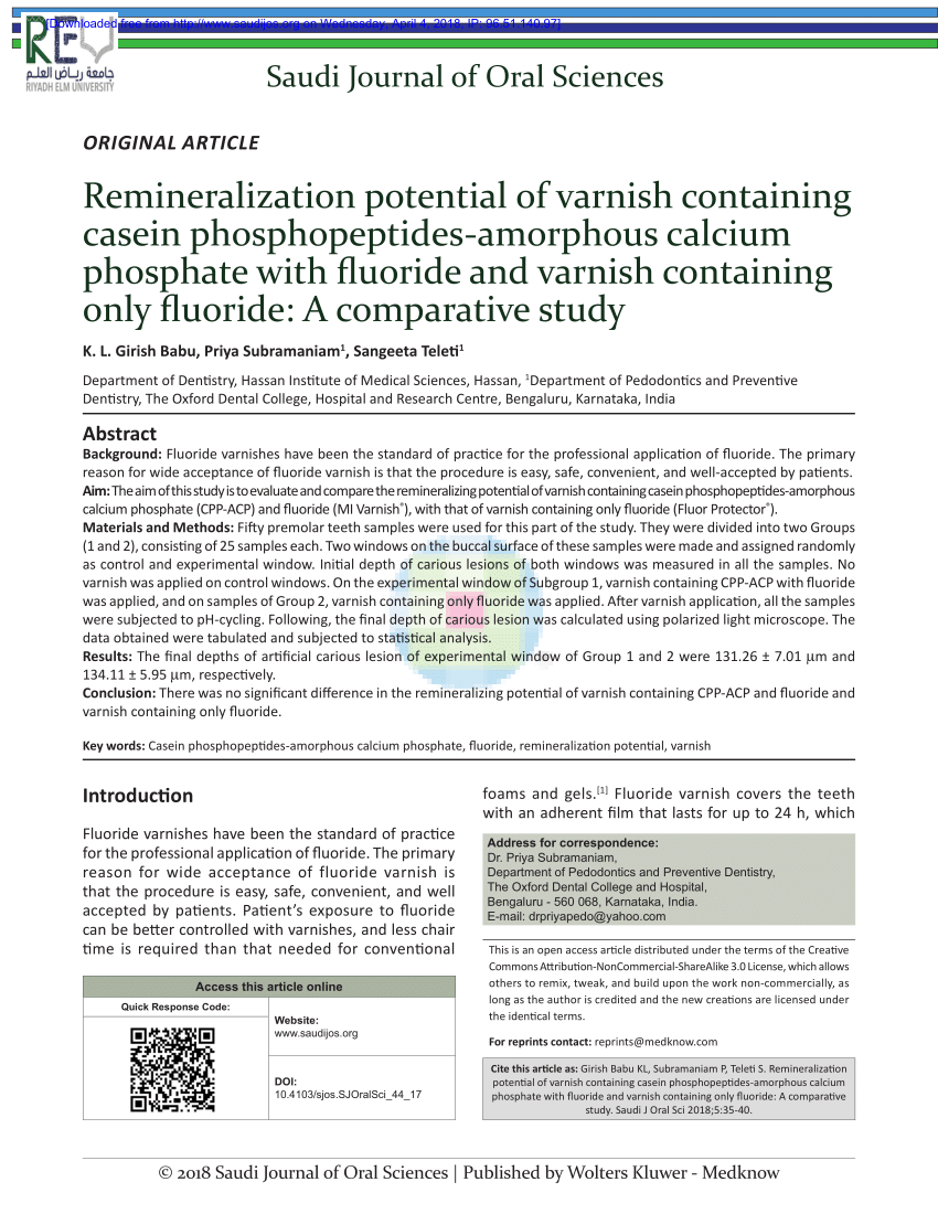 Pdf Remineralization Potential Of Varnish Containing Casein