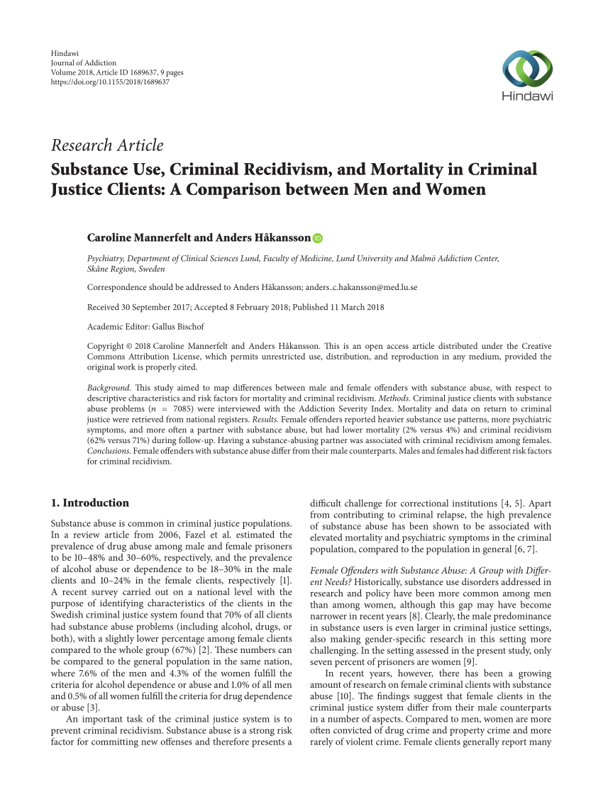 Pdf Substance Use Criminal Recidivism And Mortality In Criminal Justice Clients A 0604
