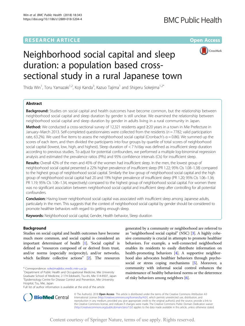PDF) Neighborhood social capital and sleep duration A population based cross-sectional study in a rural Japanese town