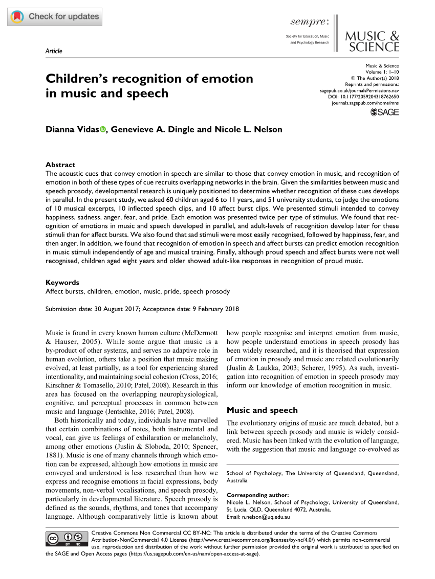 Pdf Children S Recognition Of Emotion In Music And Speech