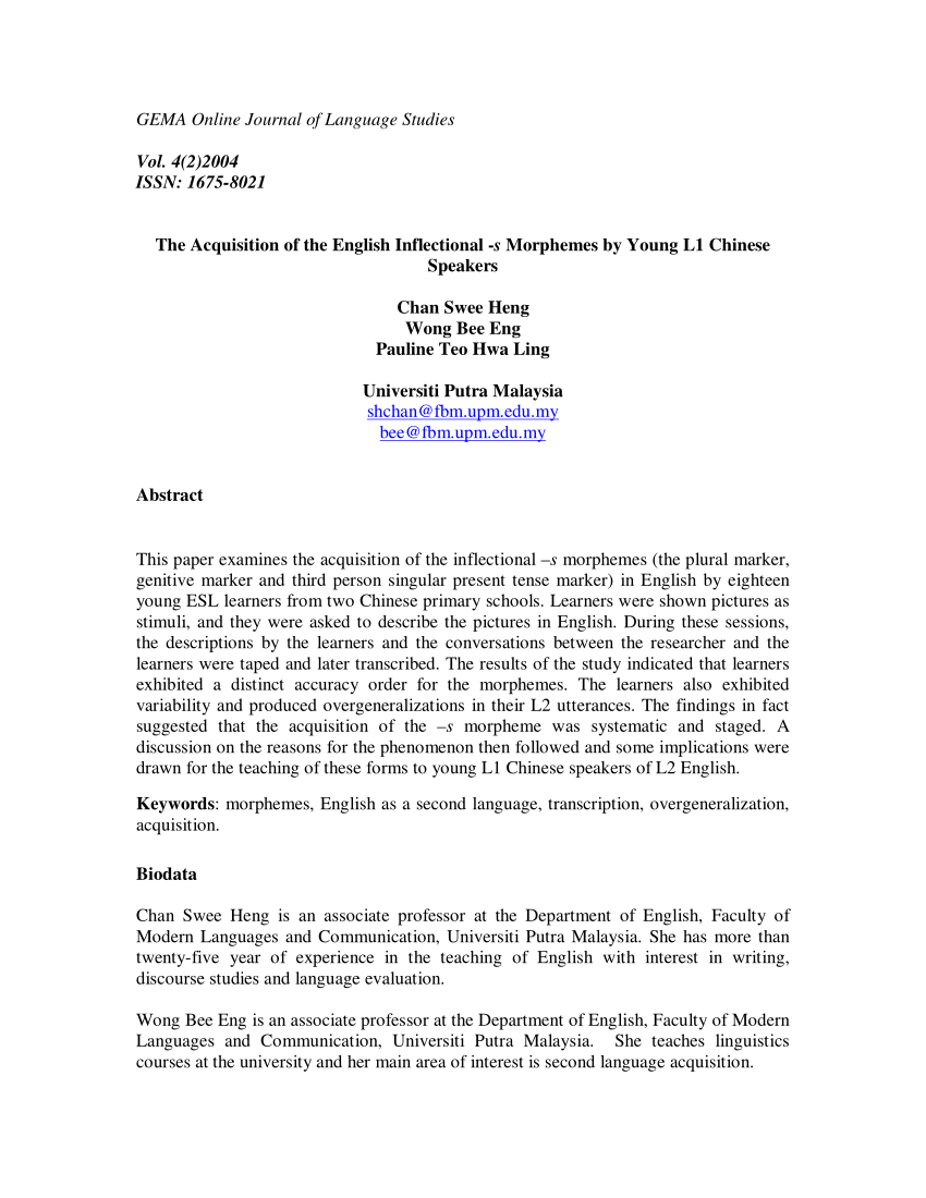 Pdf The Acquisition Of The English Inflectional S Morphemes By Young L1 Chinese Speakers