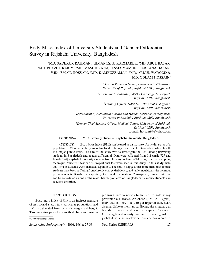 Pdf Body Mass Index Of University Students And Gender Differential A Survey In Rajshahi University Bangladesh