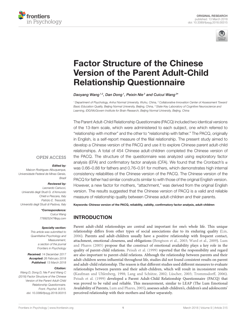 Pdf Factor Structure Of The Chinese Version Of The Parent Adult Child Relationship Questionnaire
