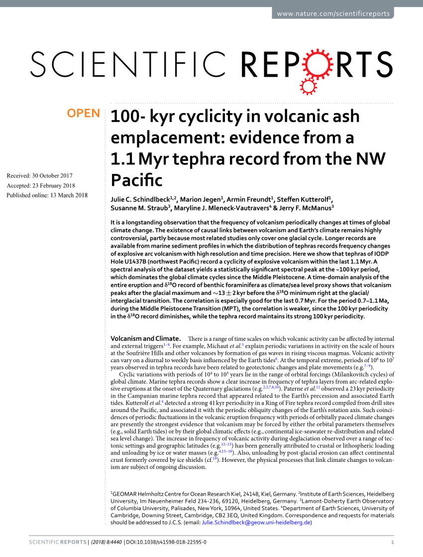 PDF) 100- kyr cyclicity in volcanic ash emplacement: Evidence from a 1.1  Myr tephra record from the NW Pacific