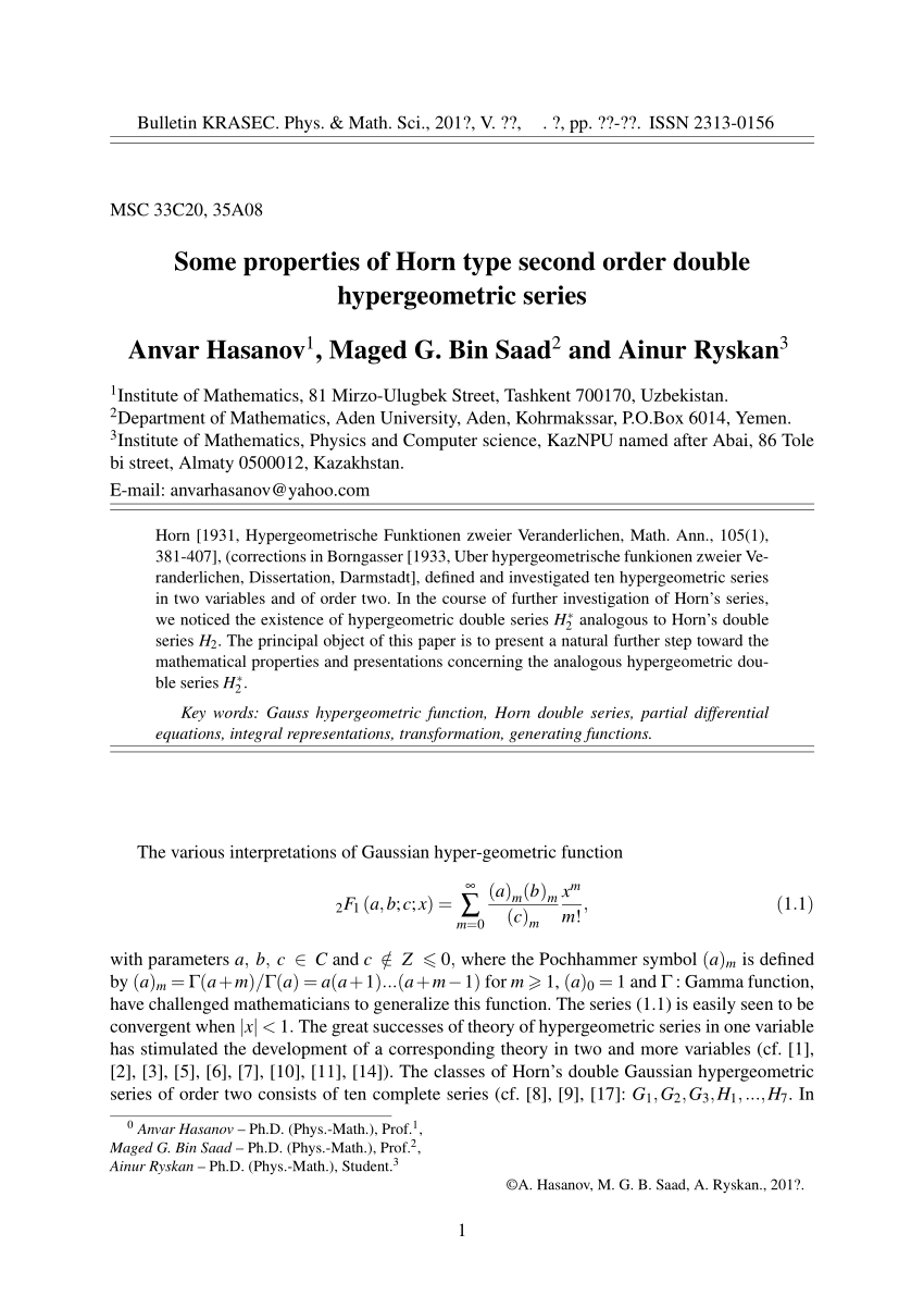 Pdf Some Properties Of Horn Type Second Order Double Hypergeometric Series