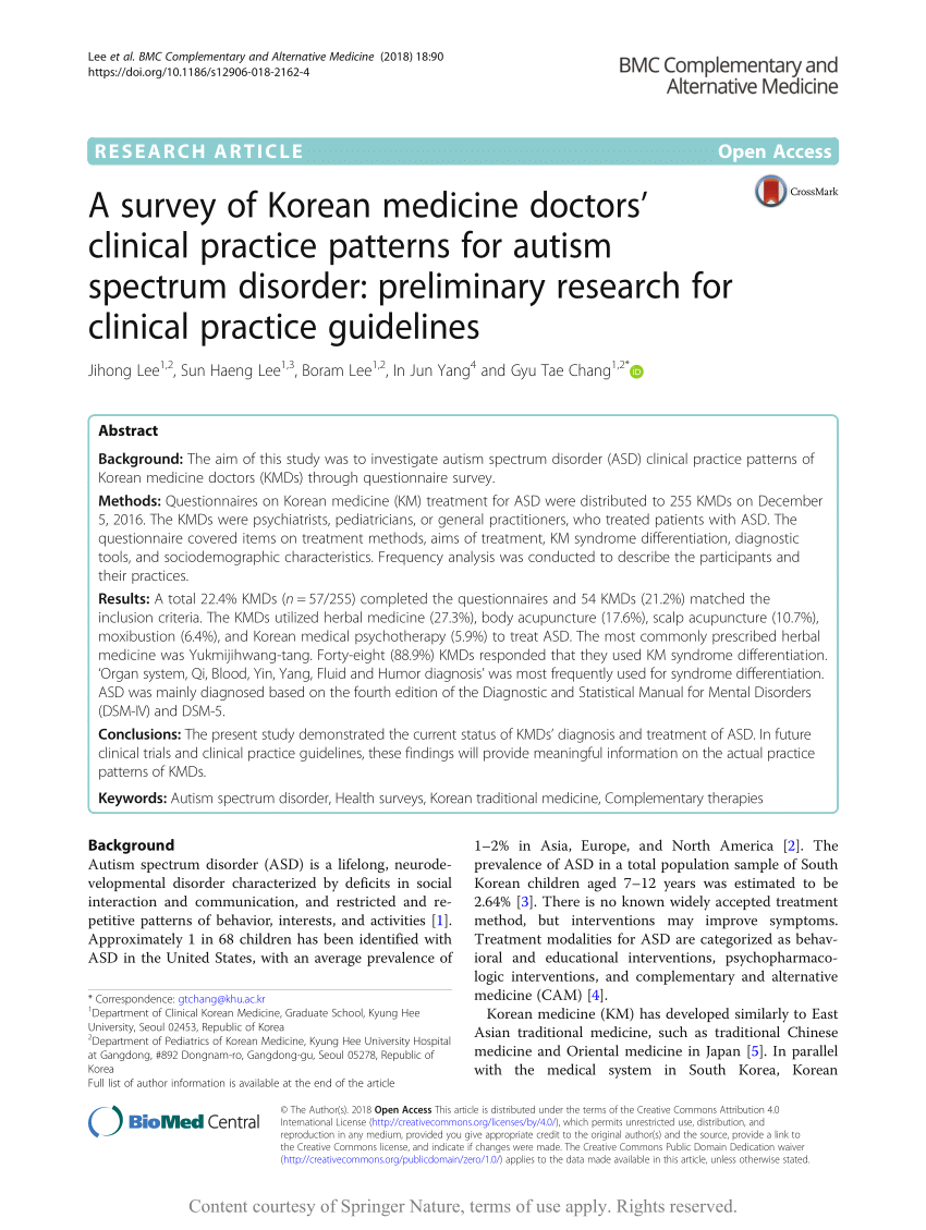 Pdf A Survey Of Korean Medicine Doctors Clinical Practice Patterns For Autism Spectrum Disorder Preliminary Research For Clinical Practice Guidelines