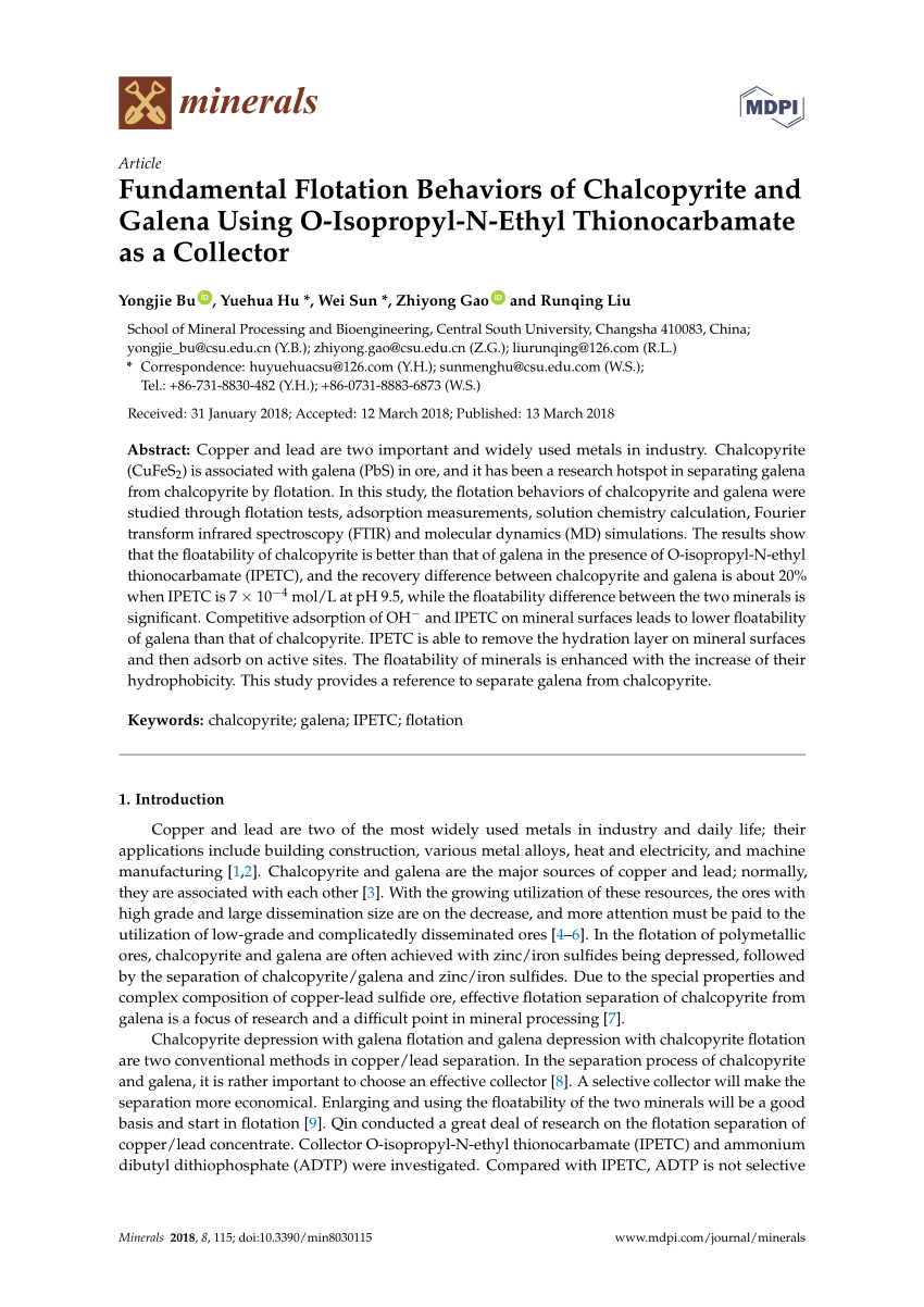 Pdf Fundamental Flotation Behaviors Of Chalcopyrite And Galena Using O Isopropyl N Ethyl Thionocarbamate As A Collector