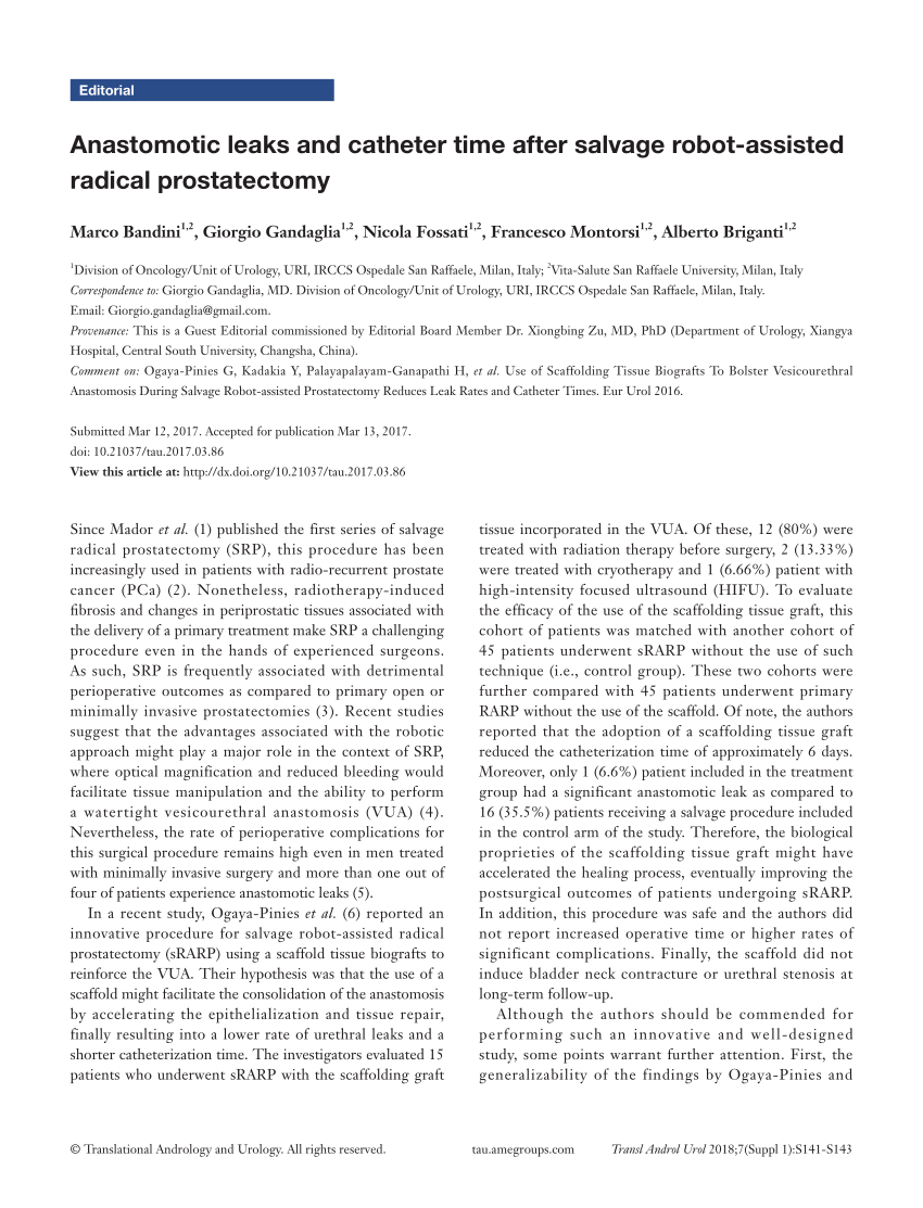 Pdf Anastomotic Leaks And Catheter Time After Salvage Robot Assisted Radical Prostatectomy 5561