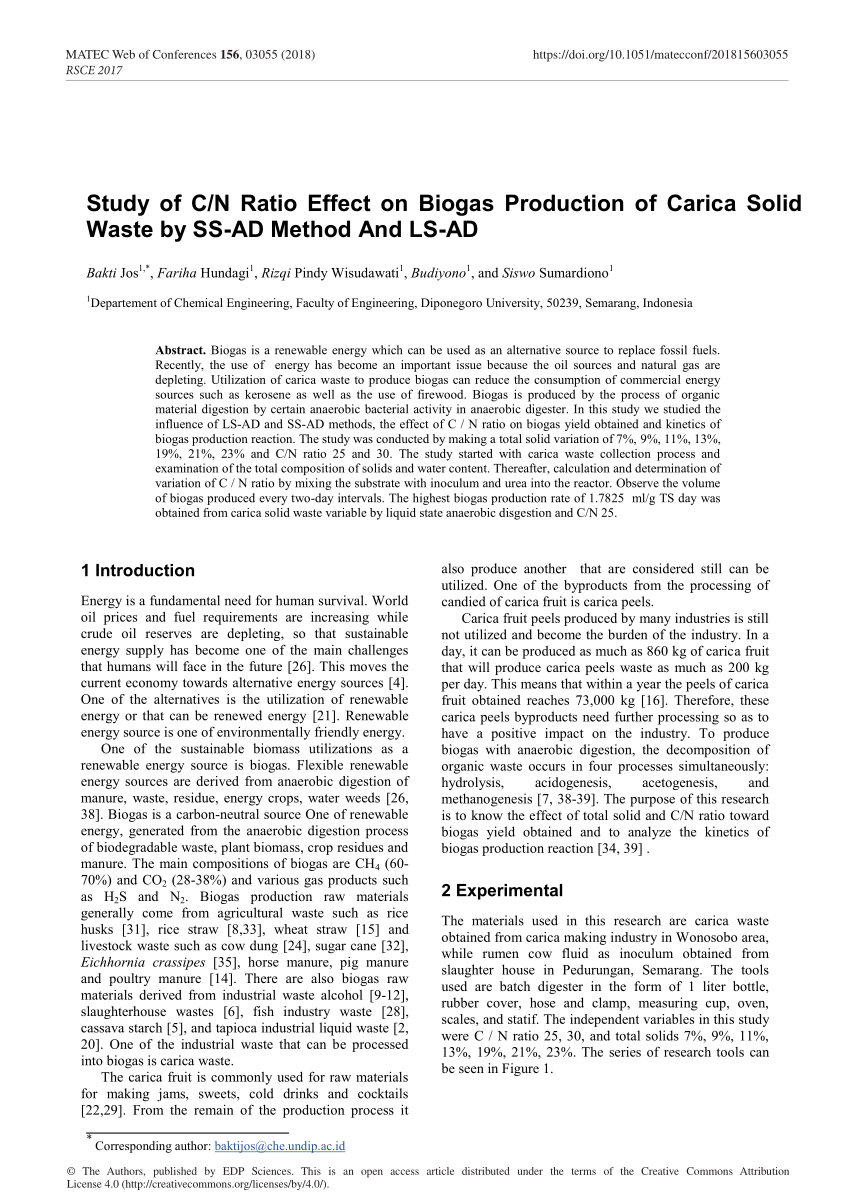 Pdf Study Of C N Ratio Effect On Biogas Production Of Carica Solid Waste By Ss Ad Method And Ls Ad