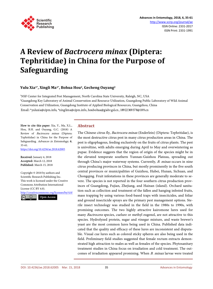 Pdf A Review Of Bactrocera Minax Diptera Tephritidae In China For The Purpose Of Safeguarding