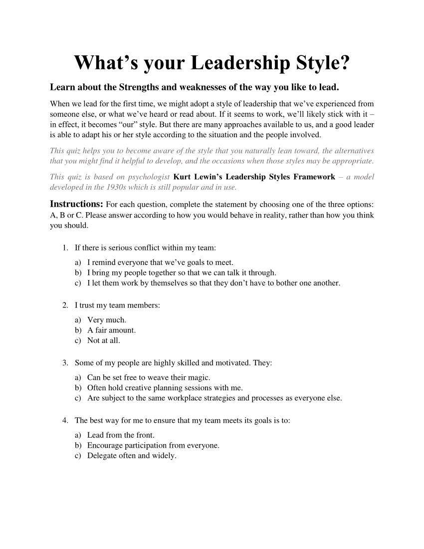 Leadership Style Assessment Free Printable