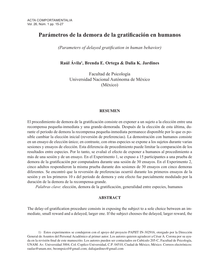 PDF Parámetros de la demora de la gratificación en humanos 