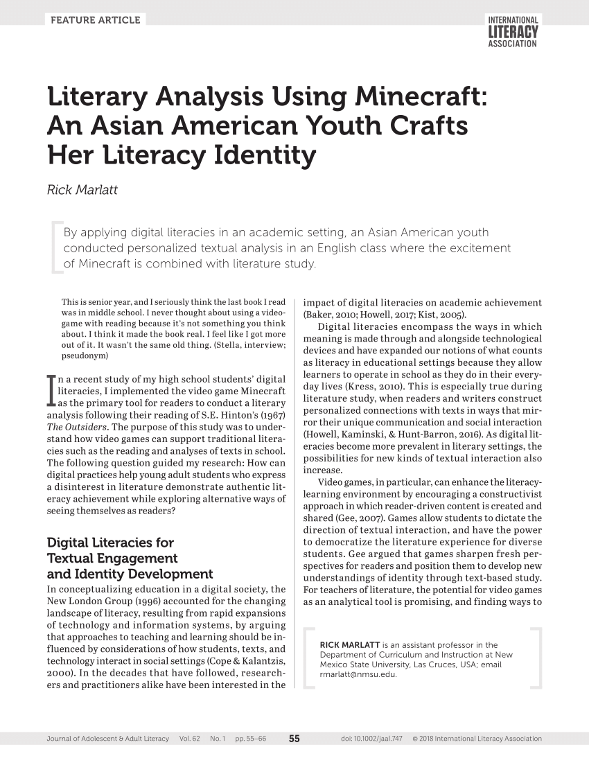 Pdf Literary Analysis Using Minecraft An Asian American Youth Crafts Her Literacy Identity