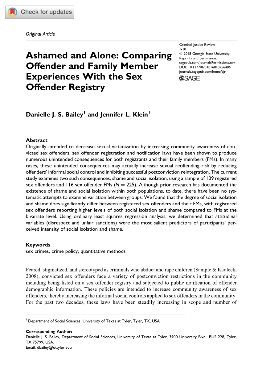 PDF) Ashamed and Alone: Comparing Offender and Family Member Experiences  With the Sex Offender Registry