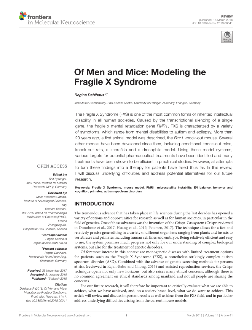 Pdf Of Men And Mice Modeling The Fragile X Syndrome