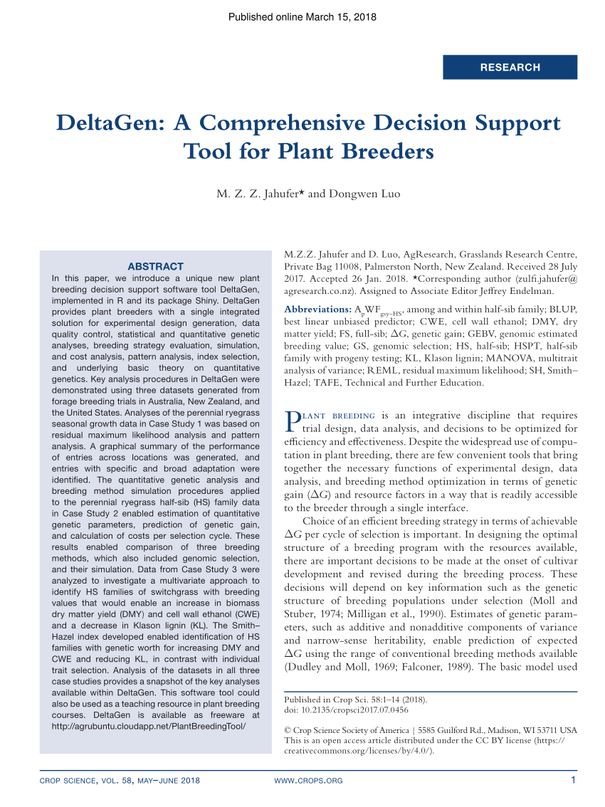 DeltaGen: A Comprehensive Decision Support Tool for Plant Breeders -  Jahufer - 2018 - Crop Science - Wiley Online Library