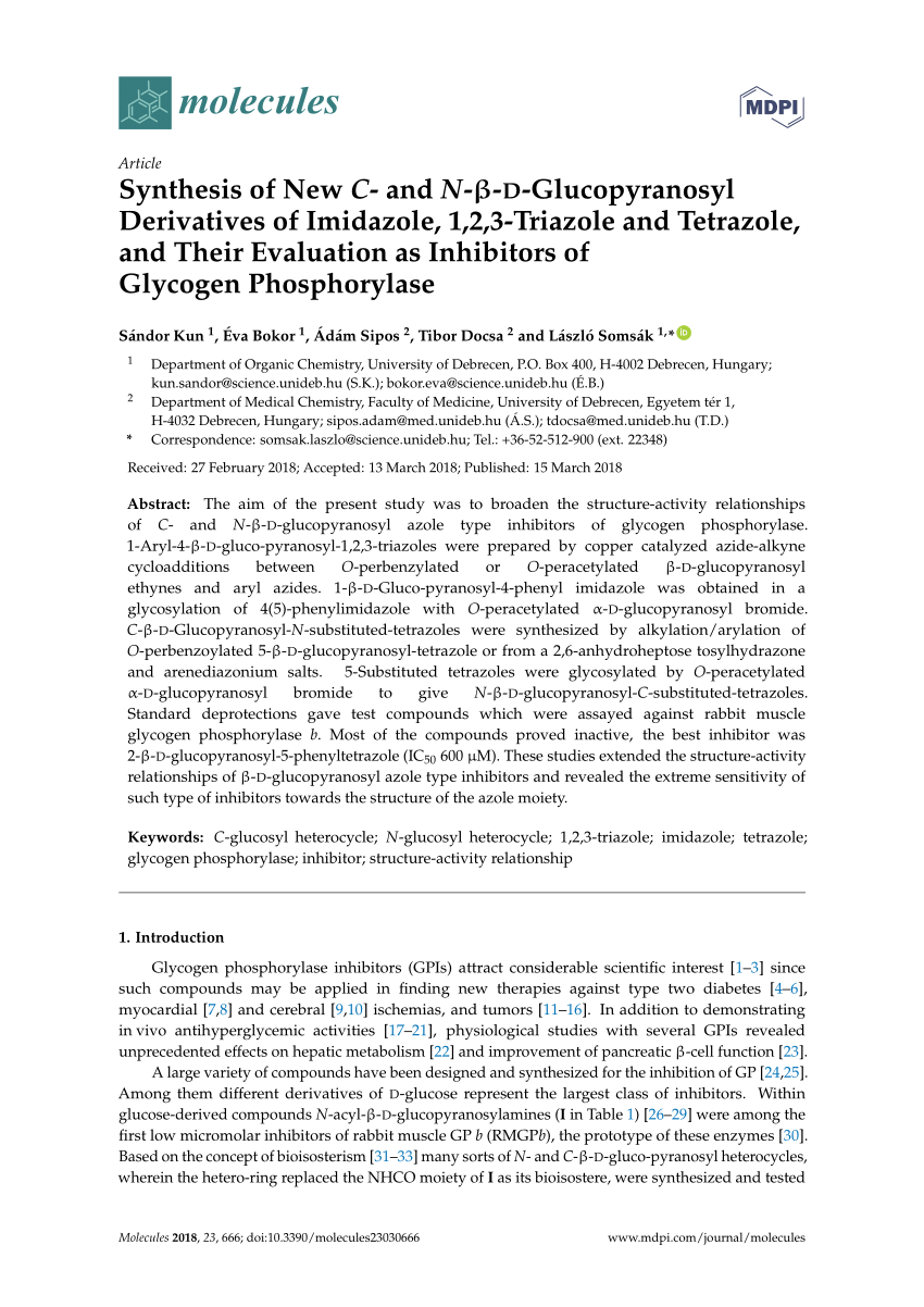 Pdf Synthesis Of New C And N B D Glucopyranosyl Derivatives Of Imidazole 1 2 3 Triazole And Tetrazole And Their Evaluation As Inhibitors Of Glycogen Phosphorylase