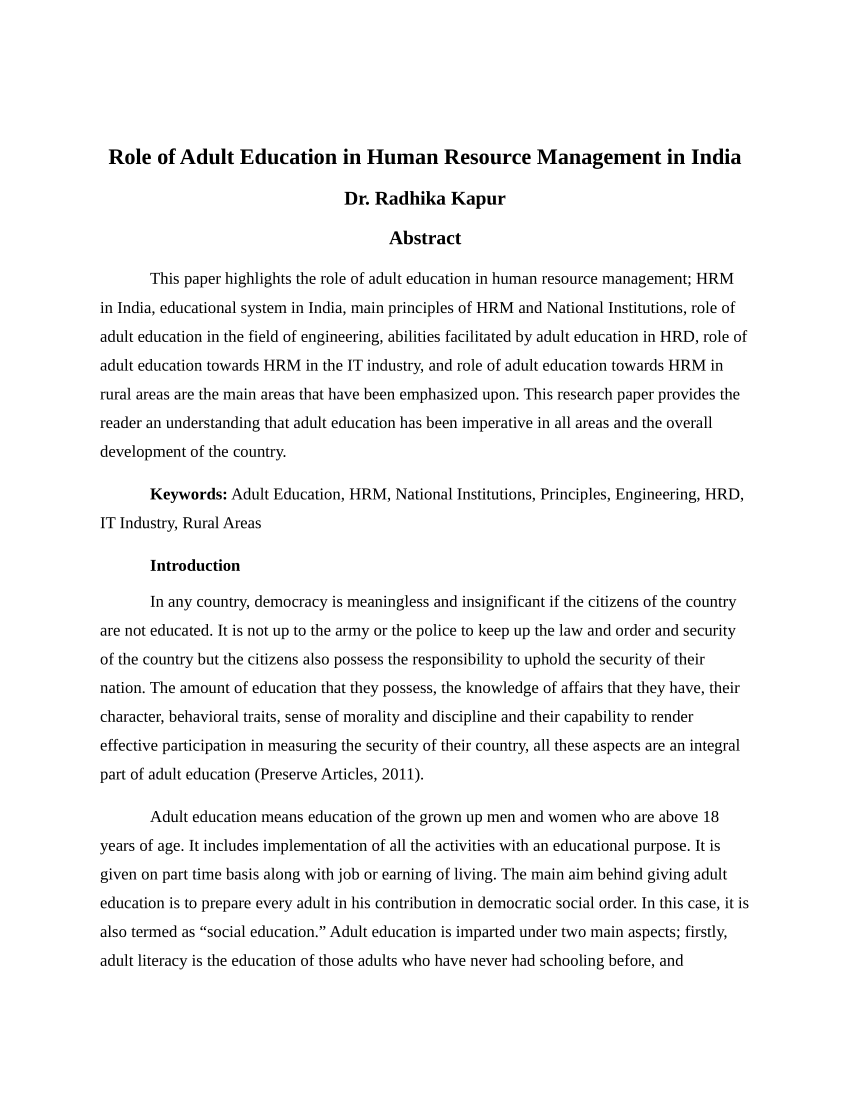 Pdf) Role Of Adult Education In Human Resource Management In India