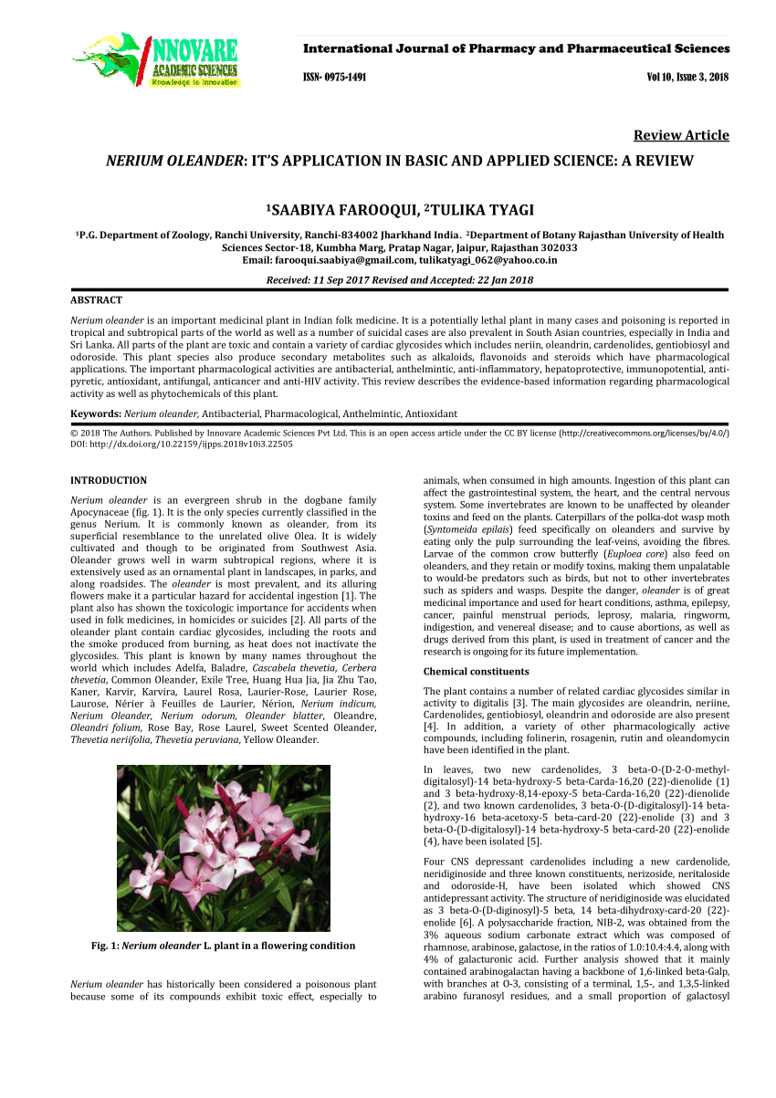 anthelmintic activity of nerium oleander
