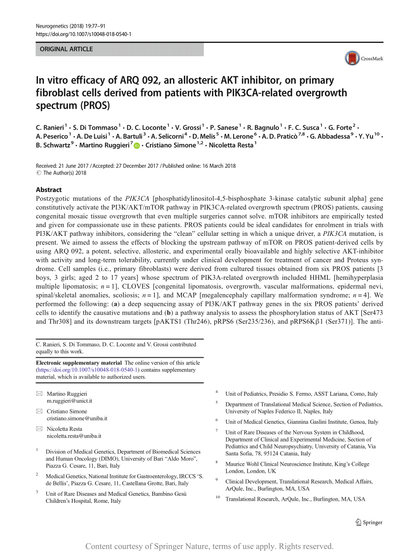 Pdf In Vitro Efficacy Of Arq 092 An Allosteric Akt Inhibitor On Primary Fibroblast Cells Derived From Patients With Pik3ca Related Overgrowth Spectrum Pros