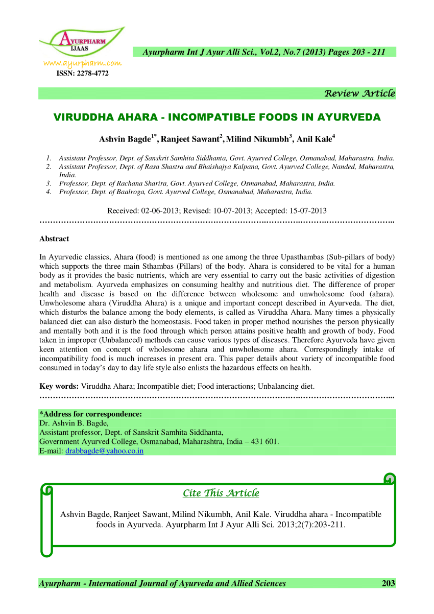 (PDF) Viruddha ahara-Incompatible foods in Ayurveda