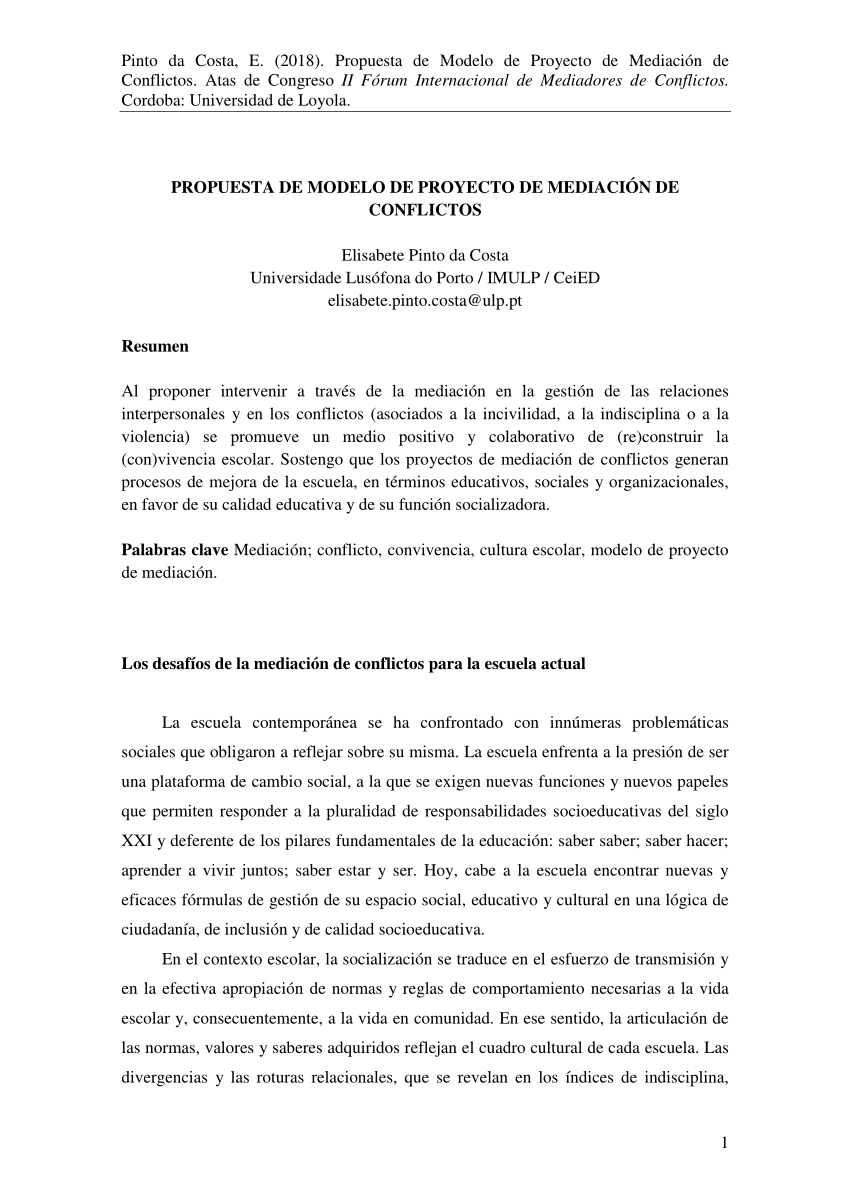 PDF) PROPUESTA DE MODELO DE PROYECTO DE MEDIACIÓN DE CONFLICTOS