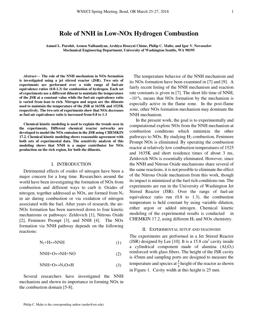 Pdf Role Of Nnh In Low Nox Hydrogen Combustion