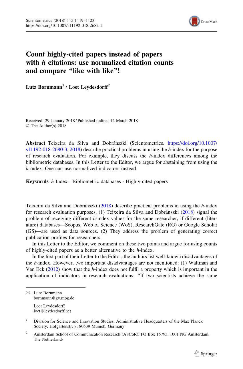 Pdf Count Highly Cited Papers Instead Of Papers With H Citations Use Normalized Citation Counts And Compare Like With Like