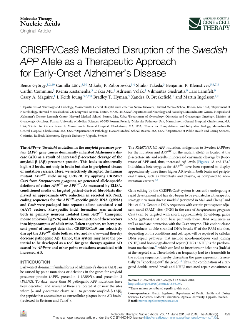 Pdf Crispr Cas9 Mediated Disruption Of The Swedish App Allele As A Therapeutic Approach For Early Onset Alzheimer S Disease