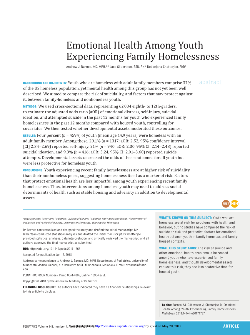 Pdf Emotional Health Among Youth Experiencing Family Homelessness