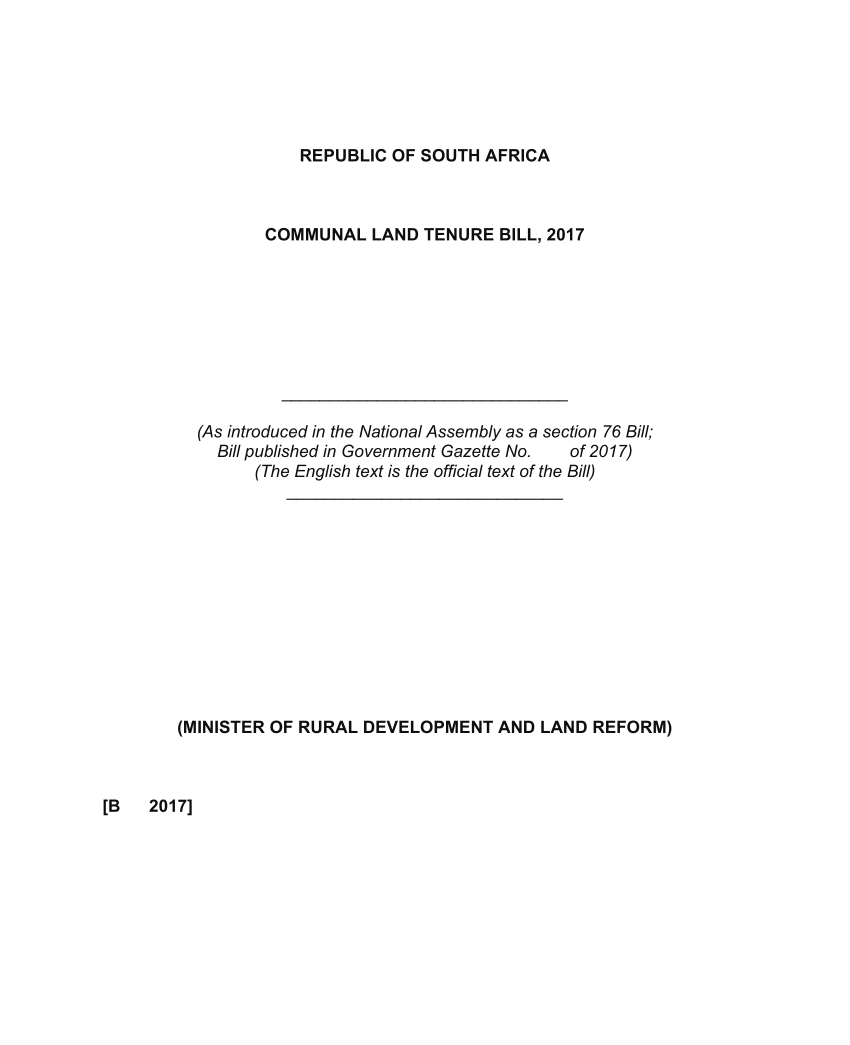 Pdf Republic Of South Africa Communal Land Tenure Bill 2017