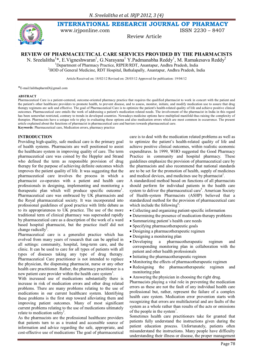 Pdf Review Of Pharmaceutical Care Services Provided By The Pharmacists