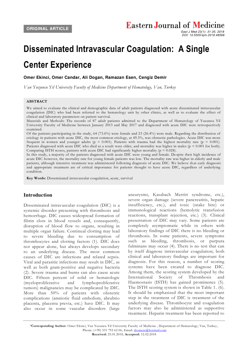 Pdf Disseminated Intravascular Coagulation A Single Center Experience