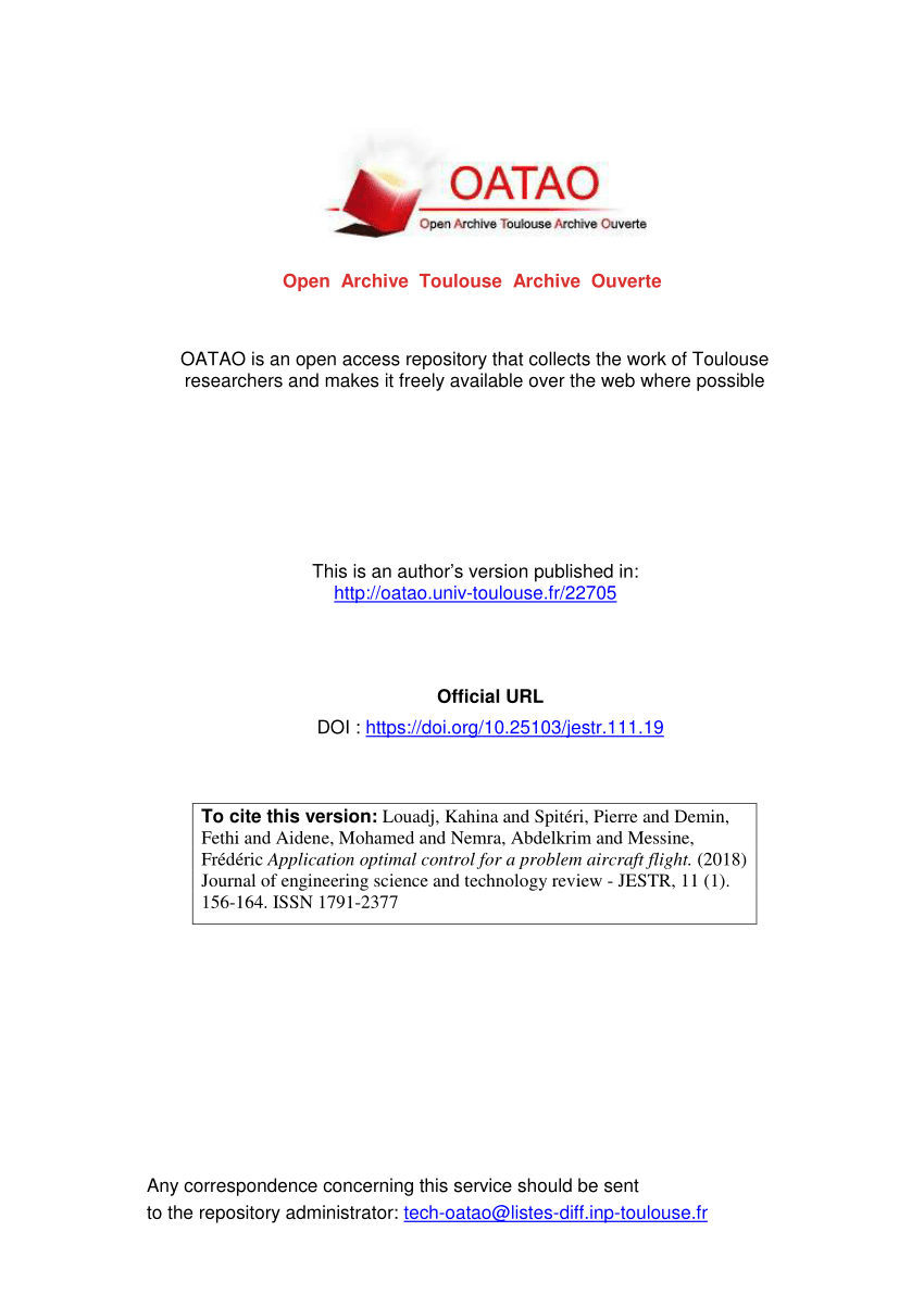 Pdf Application Optimal Control For A Problem Aircraft Flight