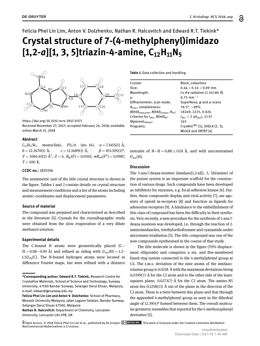Pdf Crystal Structure Of 7 4 Methylphenyl Imidazo 1 2 A 1 3 5 Triazin 4 Amine C12h11n5