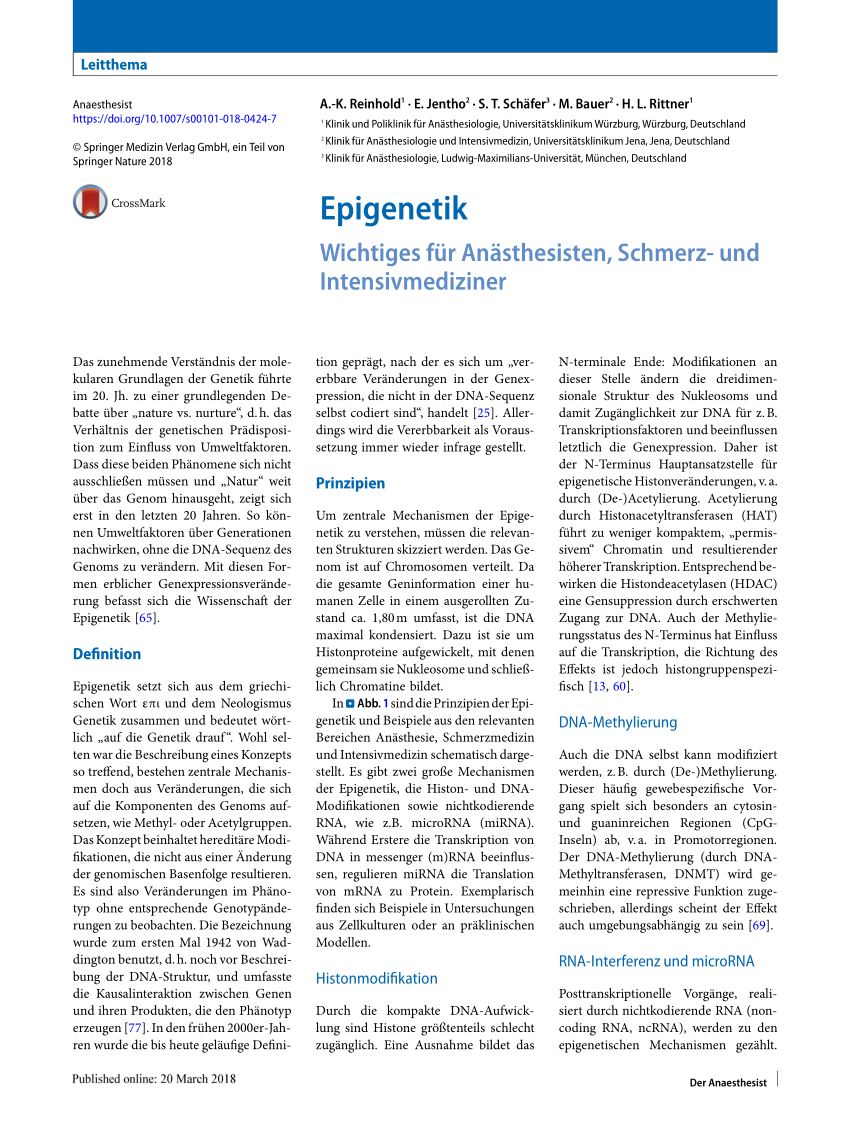 Pdf Epigenetik Wichtiges Fur Anasthesisten Schmerz Und Intensivmediziner