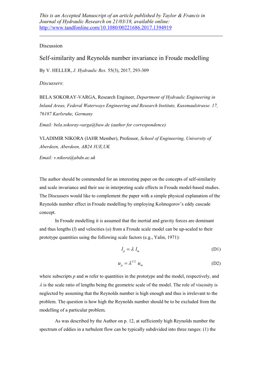 Pdf Self Similarity And Reynolds Number Invariance In Froude Modelling 0964