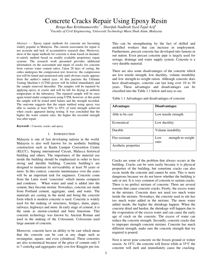 Pdf Concrete Cracks Repair Using Epoxy Resin