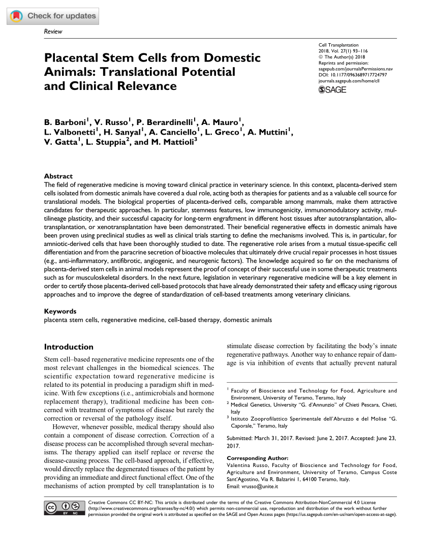Pdf Placental Stem Cells From Domestic Animals Translational Potential And Clinical Relevance