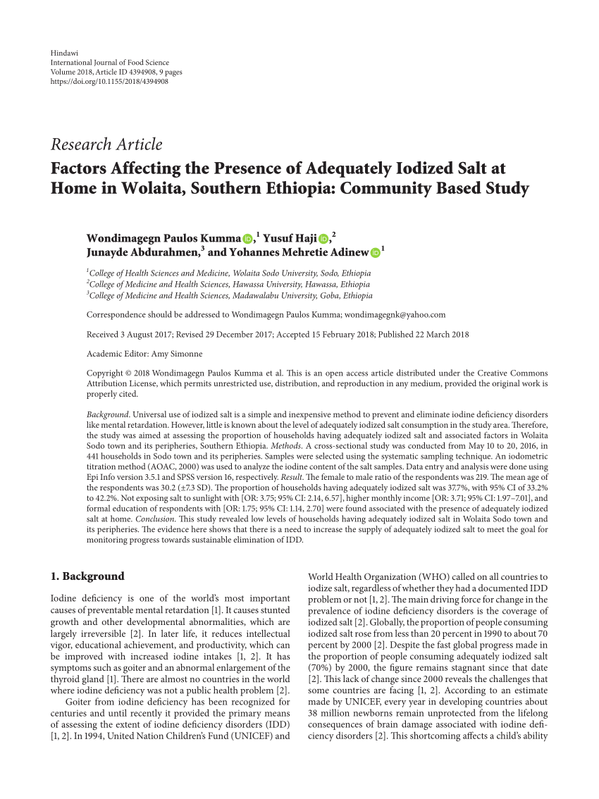 (PDF) Factors Affecting the Presence of Adequately Iodized Salt at Home in Wolaita, Southern Ethiopia Community Based Study pic